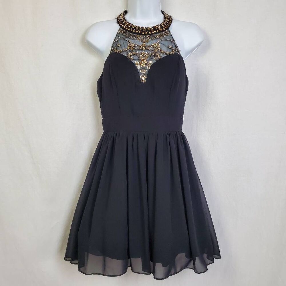 B. Darlin Black Embellished Halter Fit & Flare Cocktail Dress Size 5/6 Prom Part